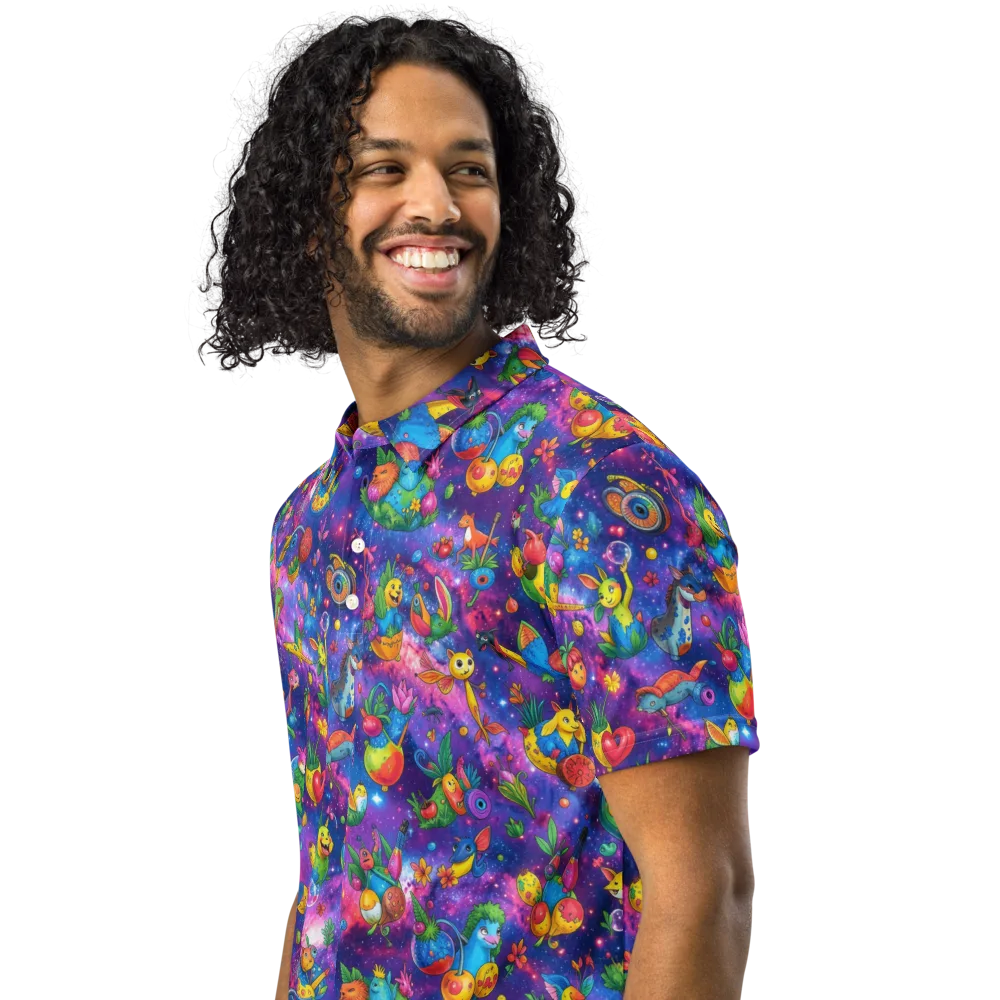 Cosmic Garden Critters on Men's Slim Fit Polo Shirt — Left Front