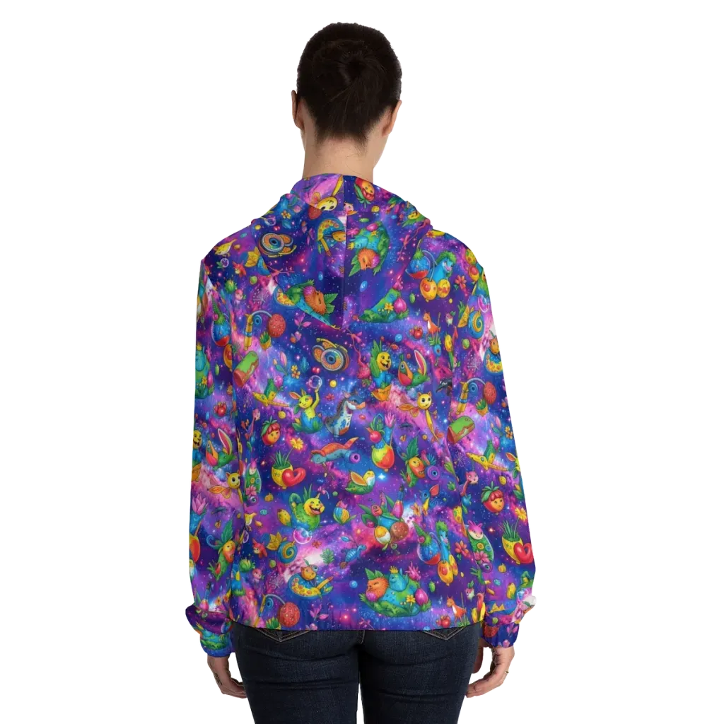 Cosmic Garden Critters on Women's Full-Zip Hoodie — Back On Person