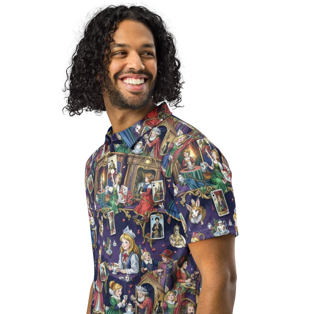 Wonderland Tableau on Men's Slim Fit Polo Shirt — Left Front