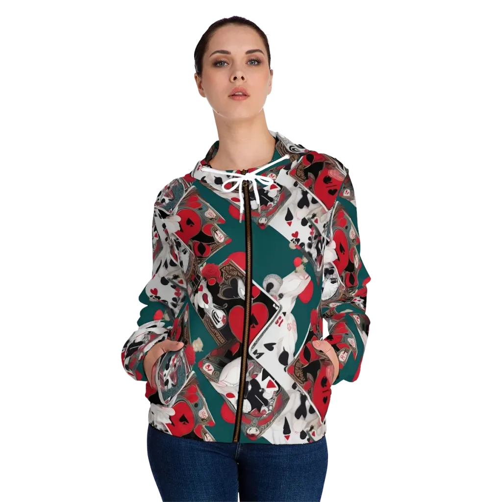 Wonderland Wager on Women's Full-Zip Hoodie — Front On Person
