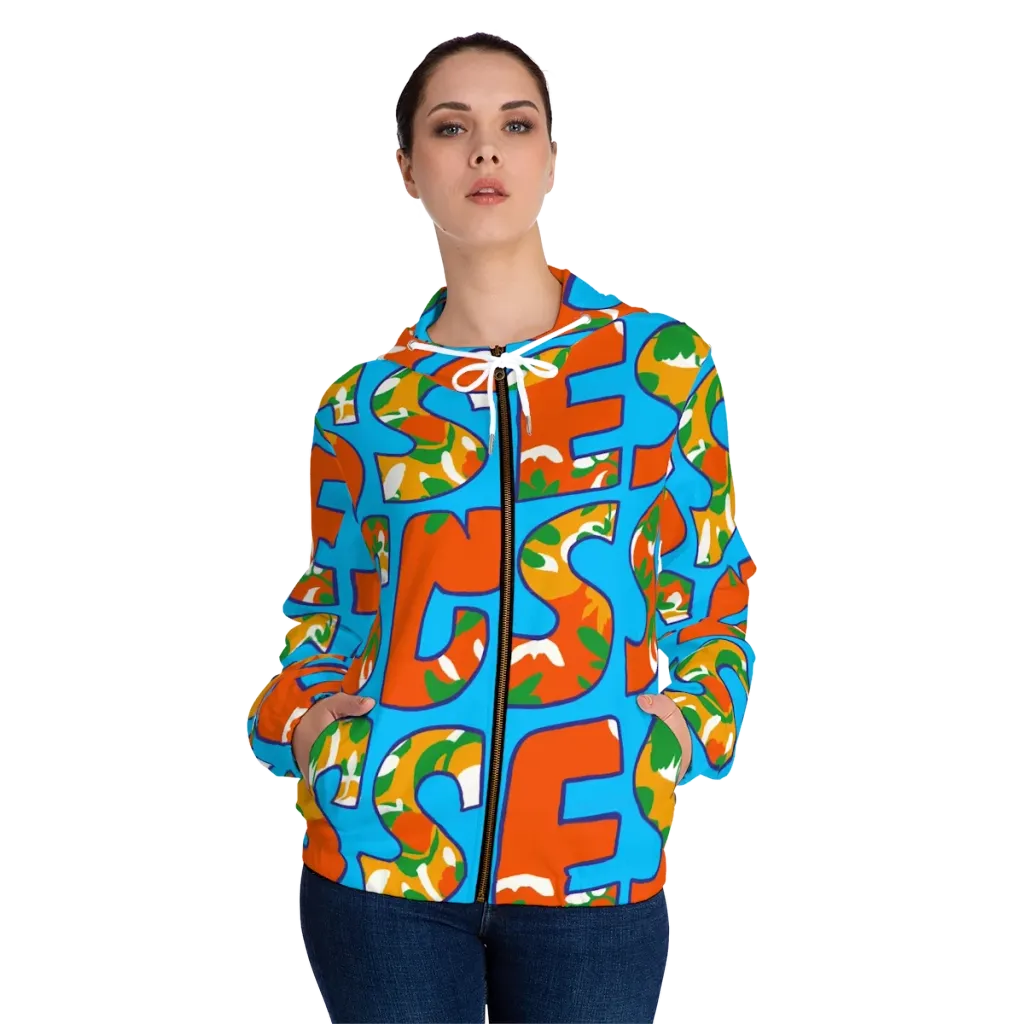 Electric Alphabet on Women's Full-Zip Hoodie — Front On Person
