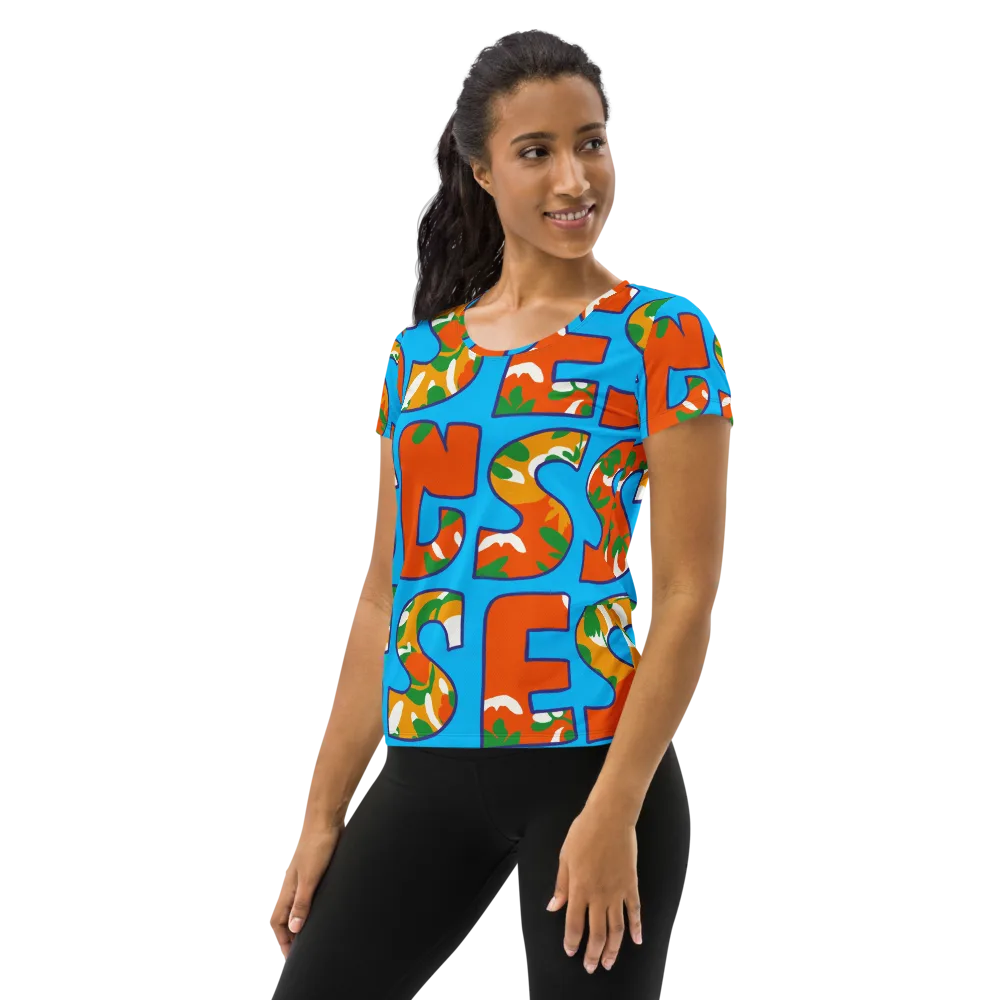 Electric Alphabet on Women's Athletic T-Shirt — Left
