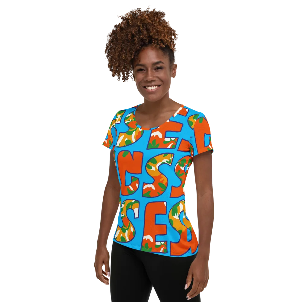Electric Alphabet on Women's Athletic T-Shirt — Left
