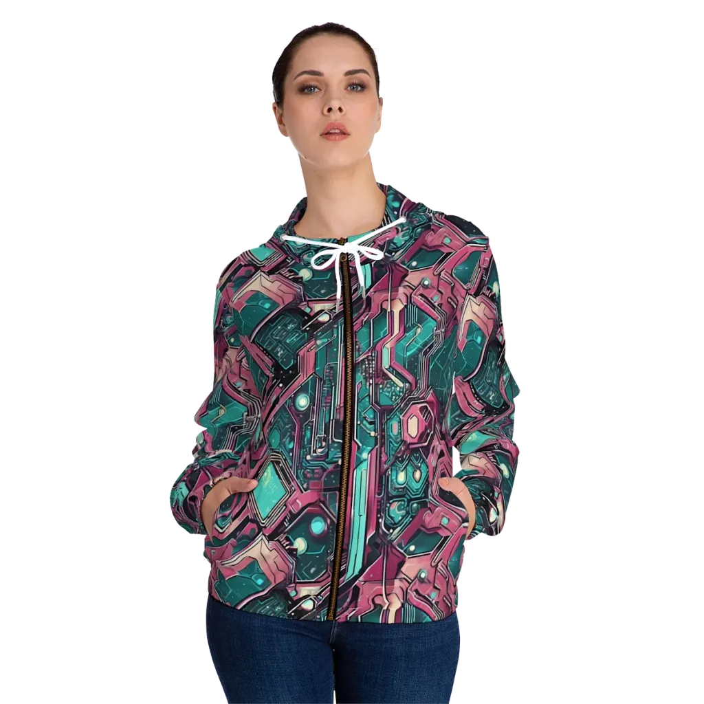 Magenta Mainframe on Women's Full-Zip Hoodie — Front On Person