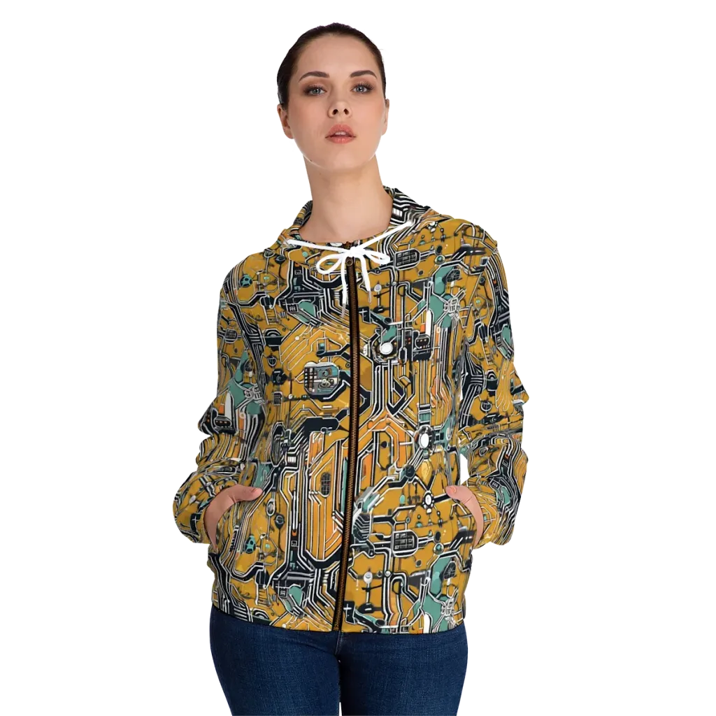Copper Circuitry on Women's Full-Zip Hoodie — Front On Person