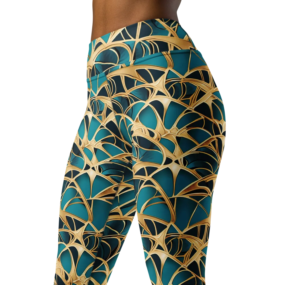 Teal Filigree on Yoga Leggings — Left Front