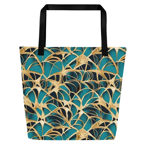Teal Filigree on a Large Tote Bag W/ Pocket