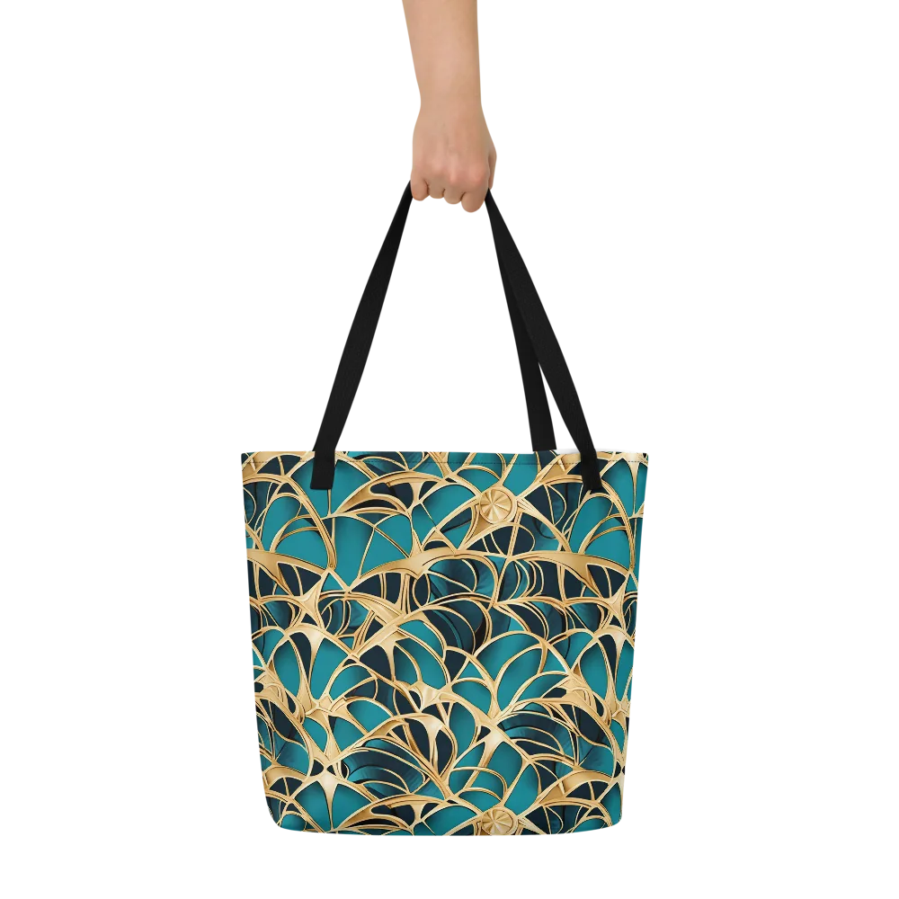 Teal Filigree on Large Tote Bag W/ Pocket — Front