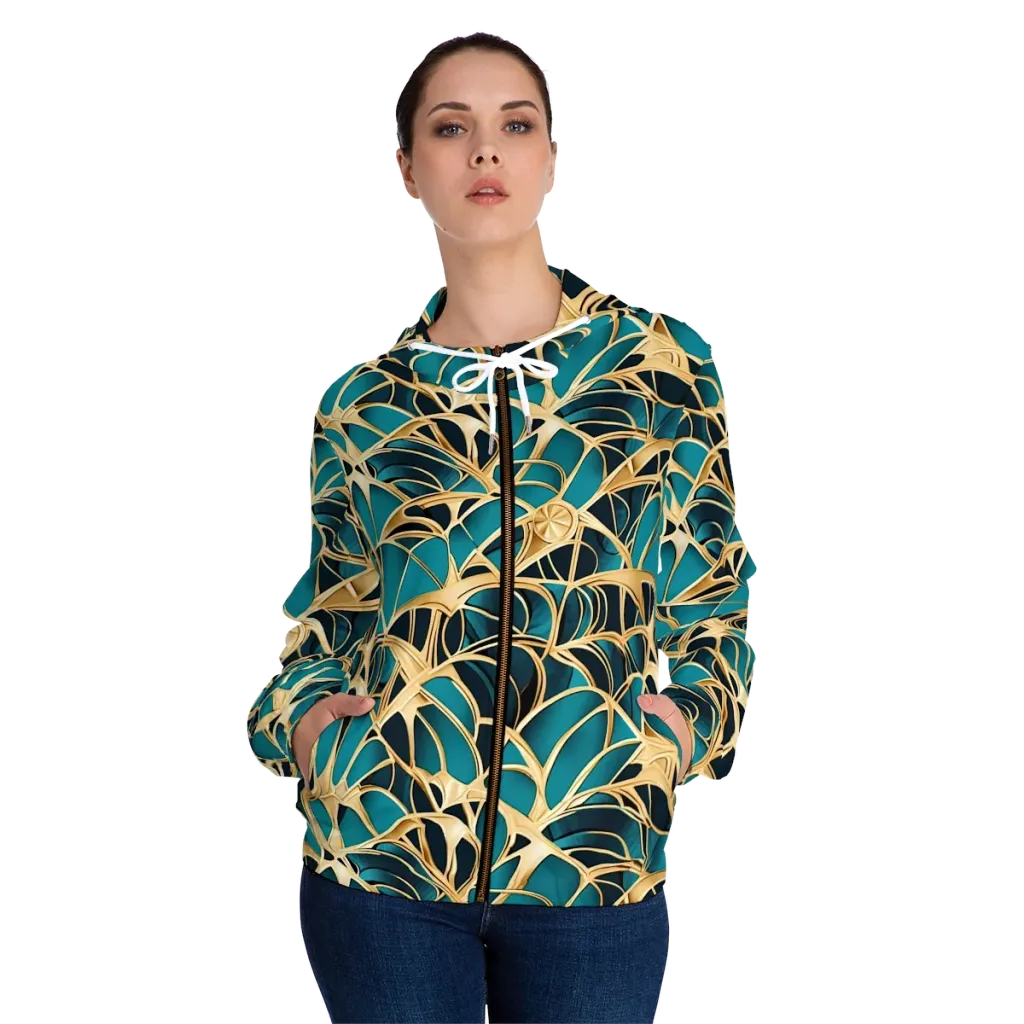 Teal Filigree on Women's Full-Zip Hoodie — Front On Person