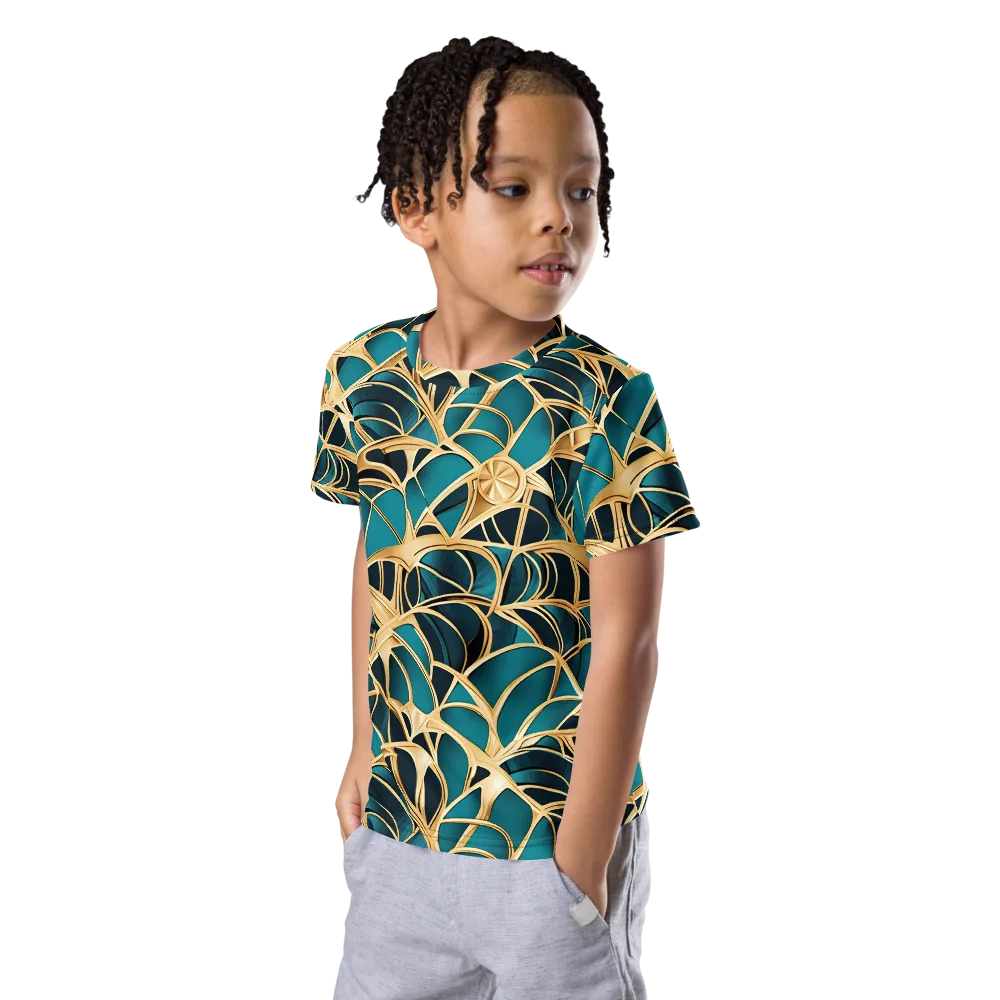 Teal Filigree on Kids Crew Neck T-Shirt — Left Front