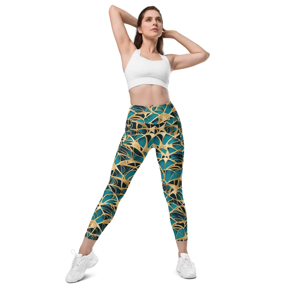 Teal Filigree on Leggings with Pockets — Front