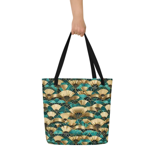 Gilded Fans on a Large Tote Bag W/ Pocket