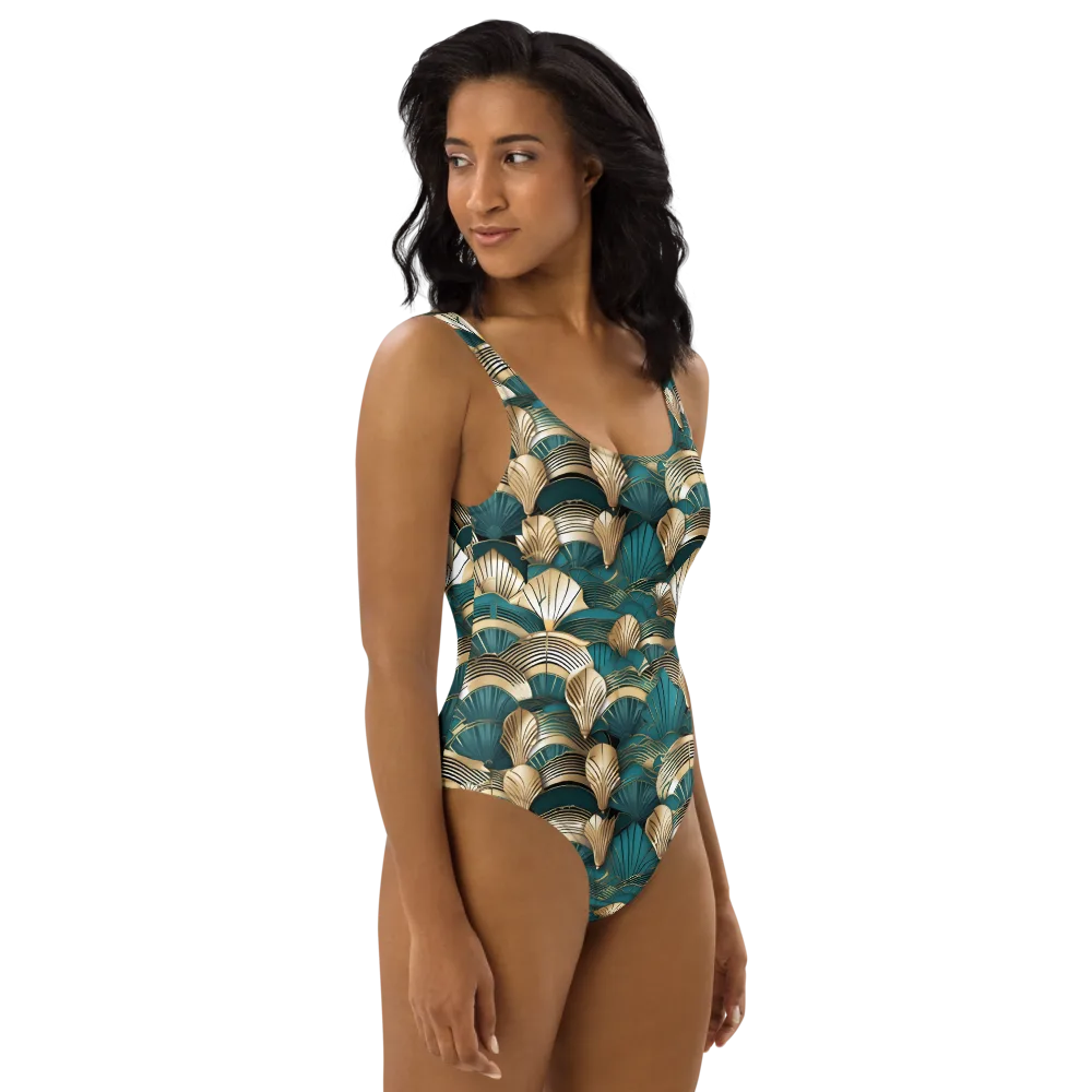 Gilded Fan Deco on One-Piece Swimsuit — Right