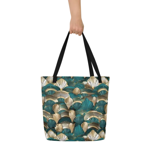 Gilded Fan Deco on a Large Tote Bag W/ Pocket