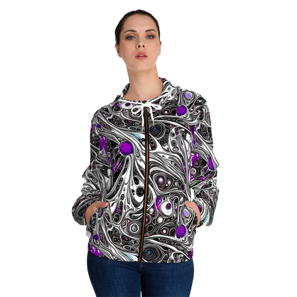 Neo-Noir Waves on Women's Full-Zip Hoodie — Front On Person