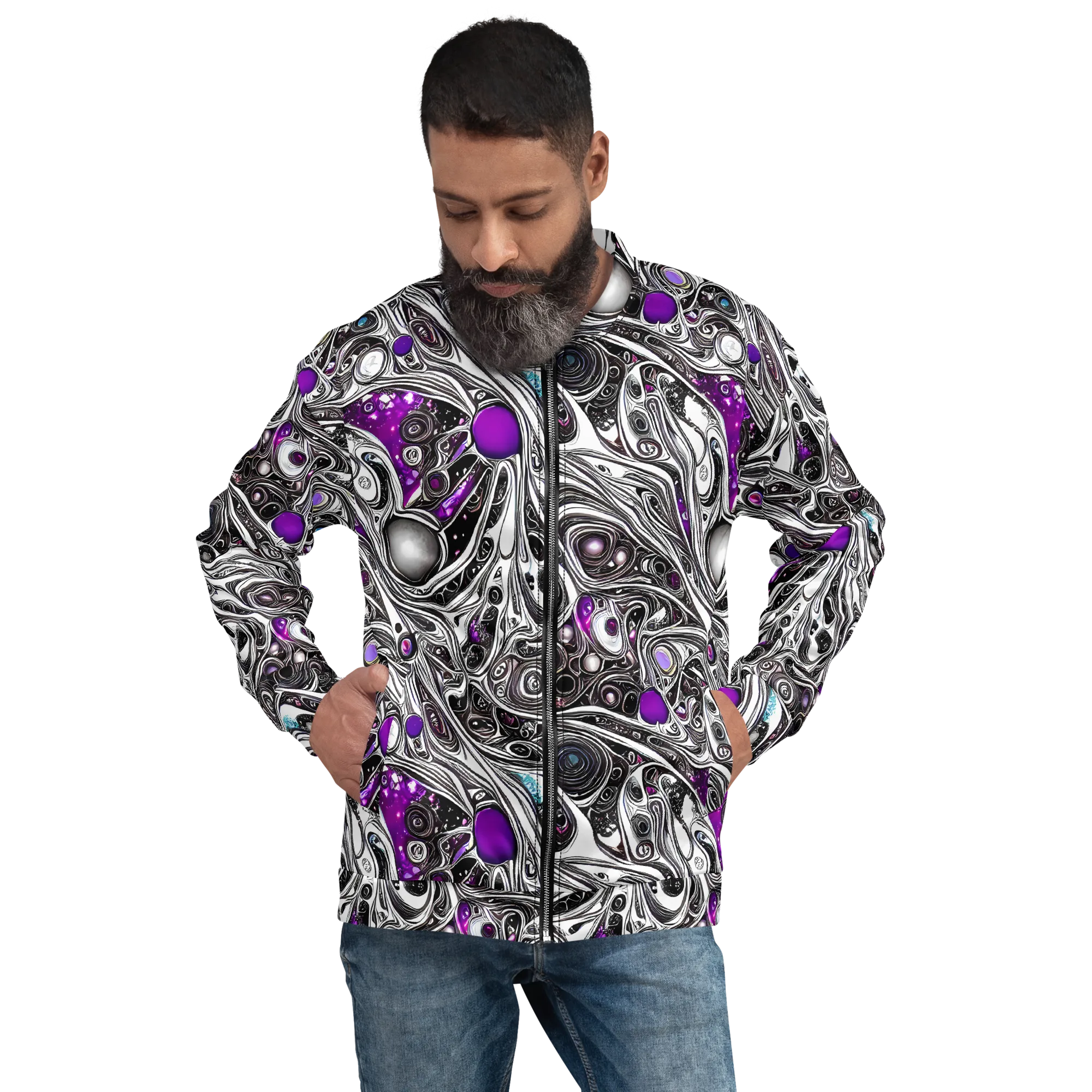 Neo-Noir Waves on Bomber Jacket — Front