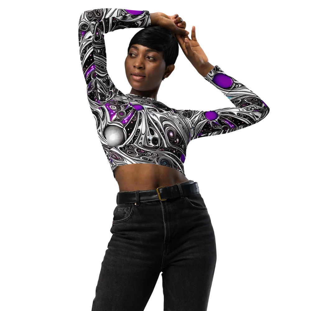 Neo-Noir Waves on Long Sleeve Crop Top — Front