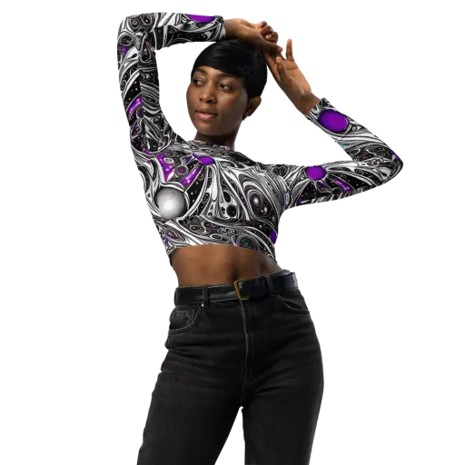 Neo-Noir Waves on a Long Sleeve Crop Top