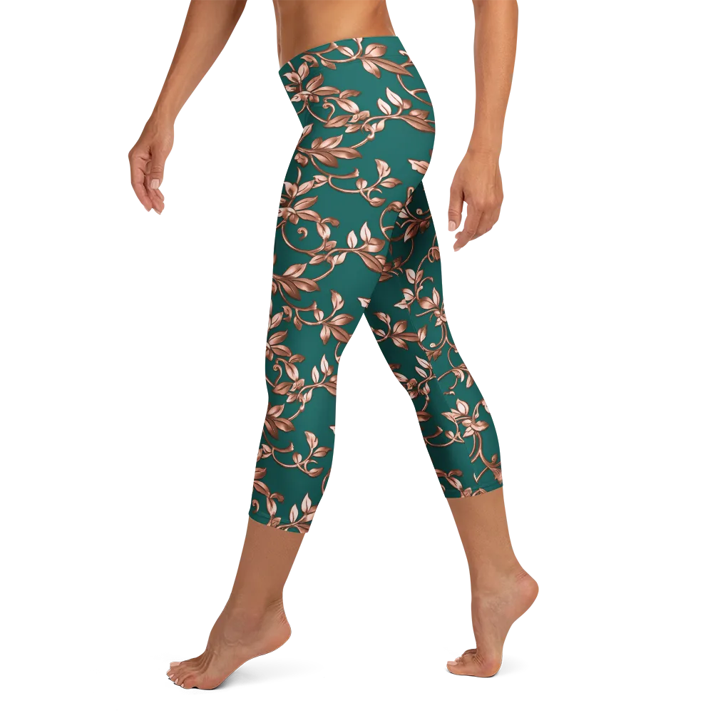 Verdigris Bloom on Capri Leggings — Left