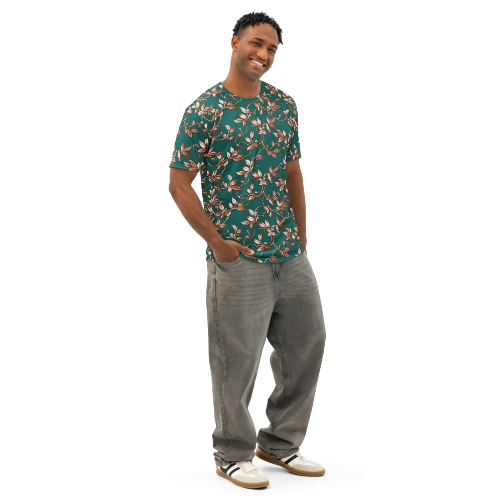 Verdigris Bloom on Men's Cotton Crew Neck T-Shirt — Right Front