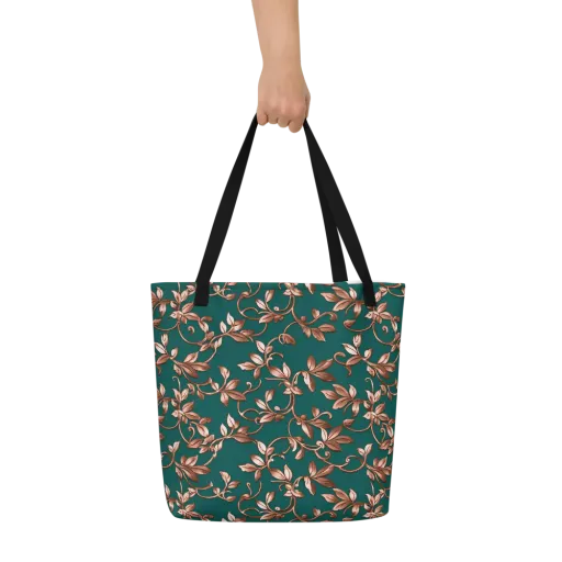 Verdigris Bloom on a Large Tote Bag W/ Pocket