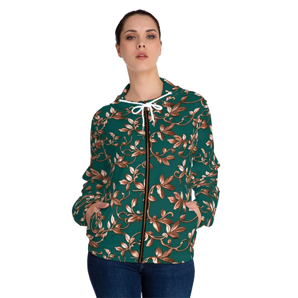 Verdigris Bloom on Women's Full-Zip Hoodie — Front On Person