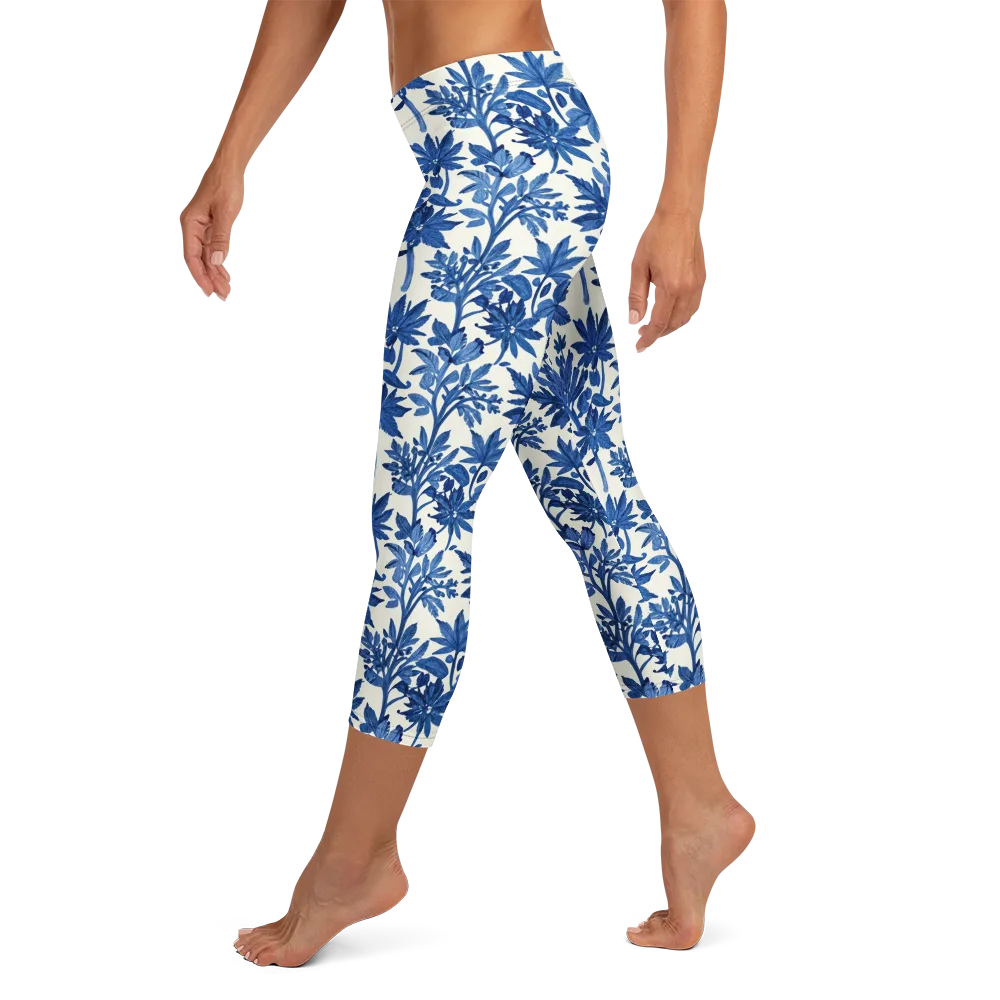 Blue Botanical on Capri Leggings — Left