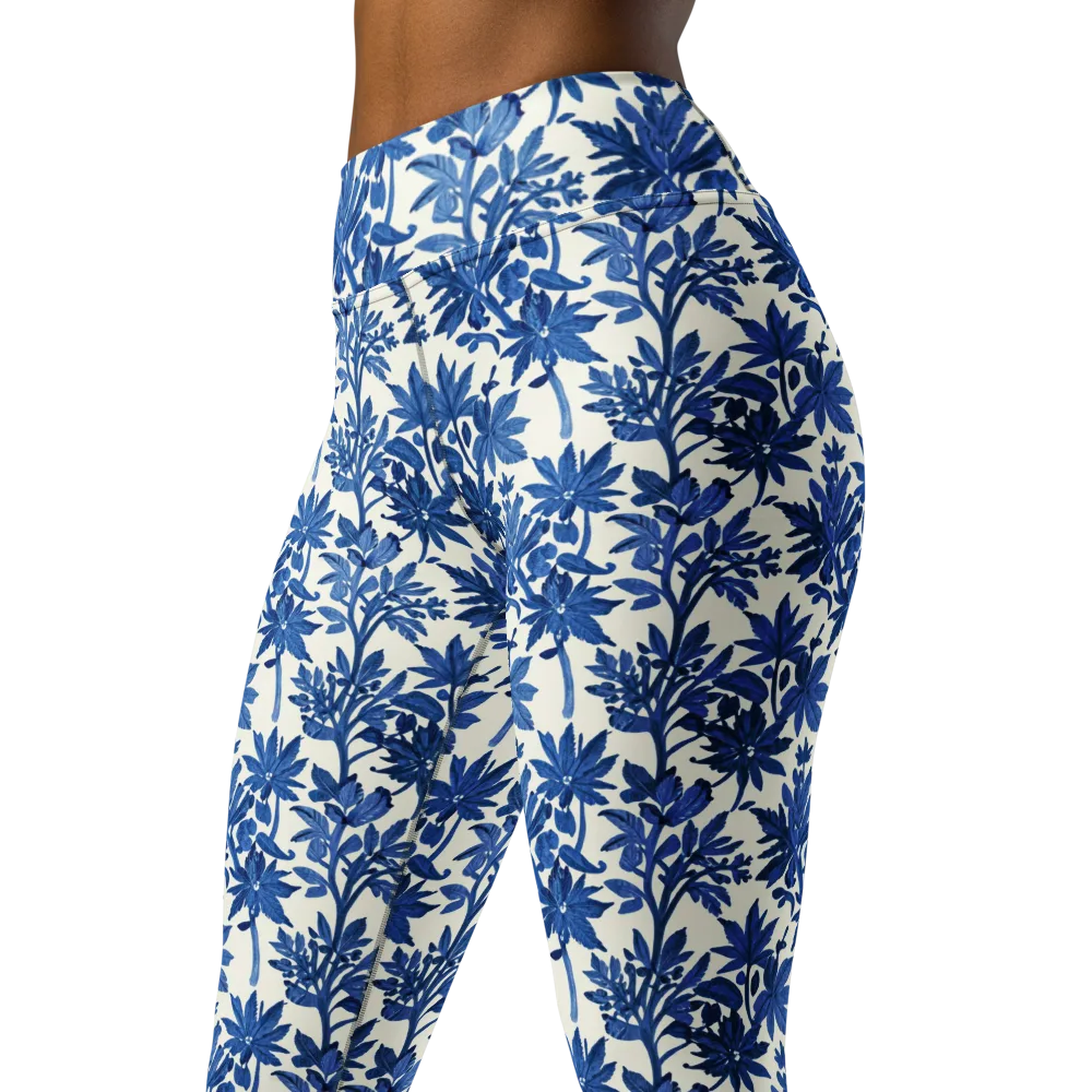 Blue Botanical on Yoga Leggings — Left Front