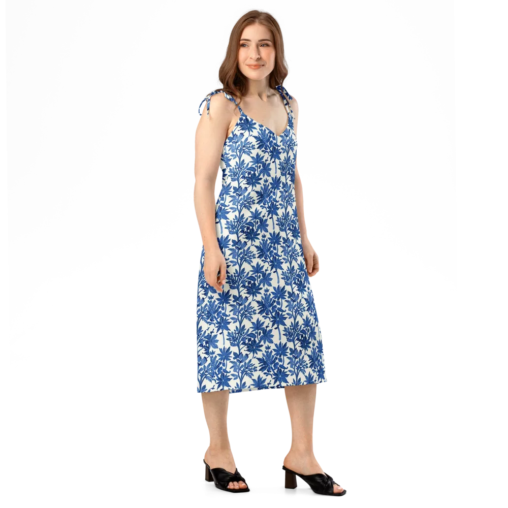 Blue Botanical on Slip Dress — Right Front