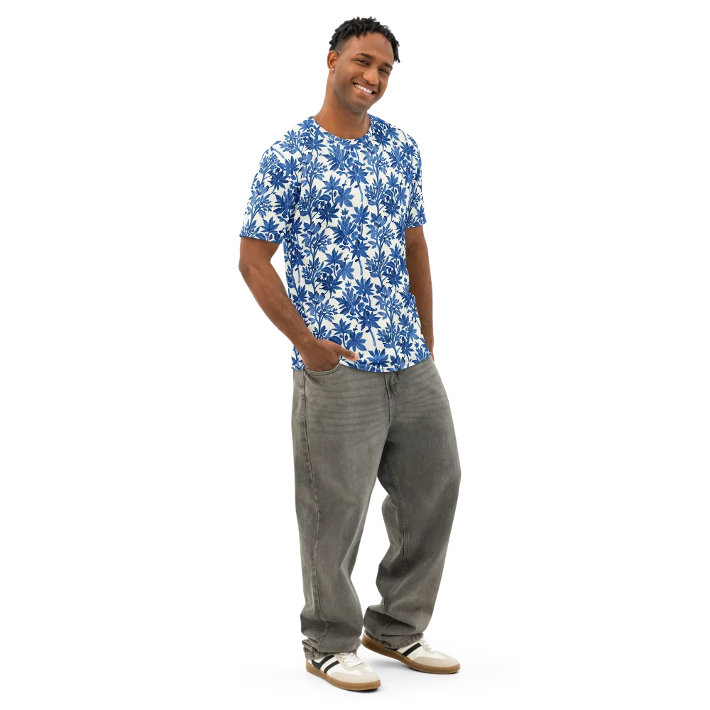 Blue Botanical on Men's Cotton Crew Neck T-Shirt — Right Front