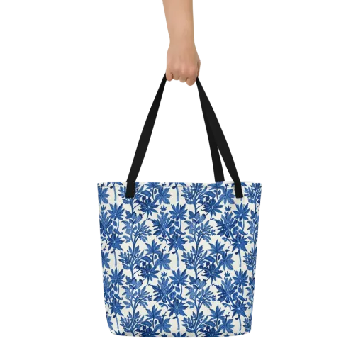 Blue Botanical on a Large Tote Bag W/ Pocket