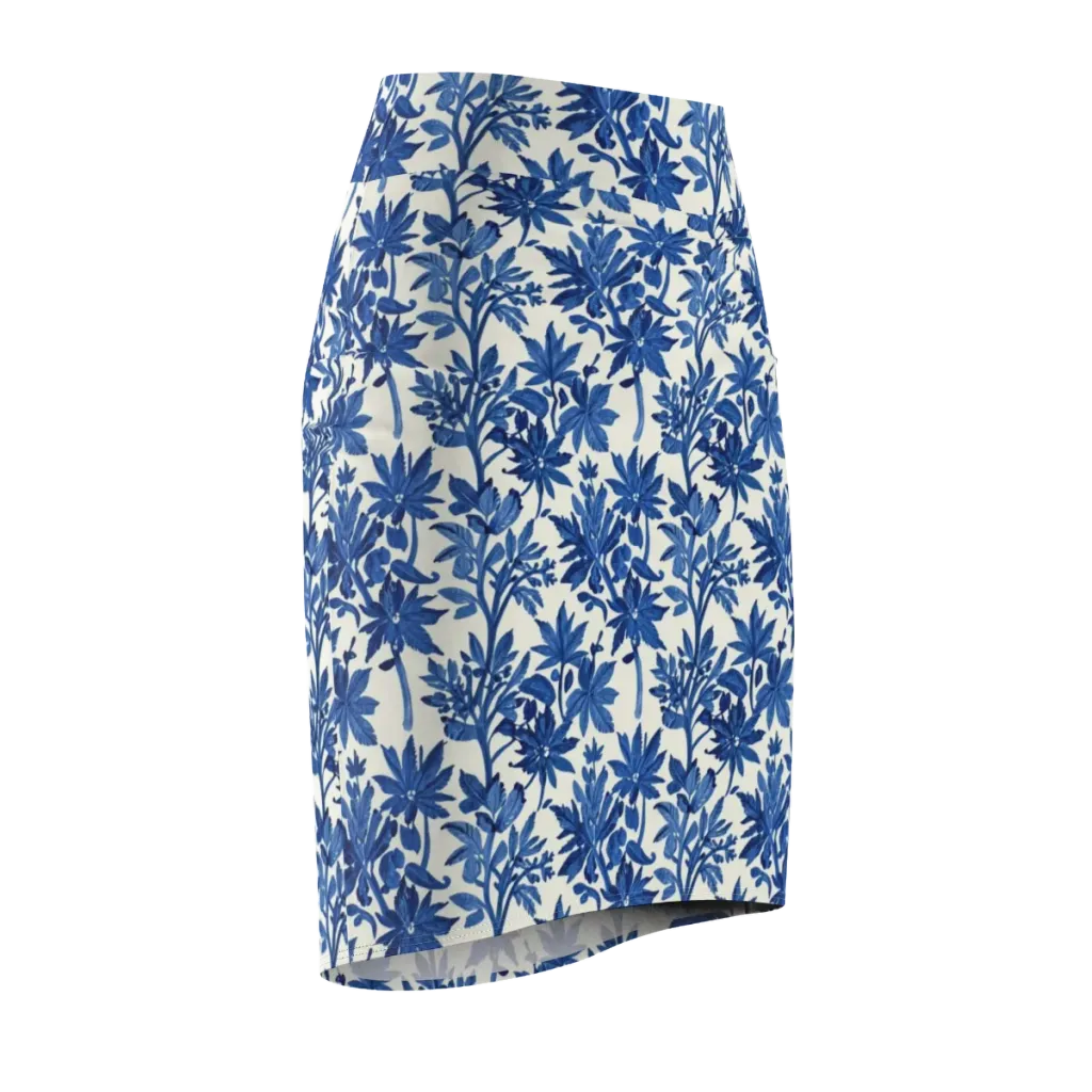 Blue Botanical on Pencil Skirt — Front Side