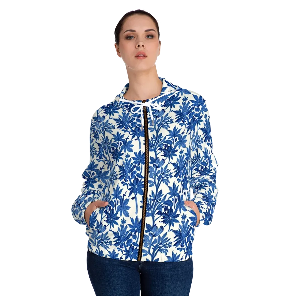 Blue Botanical on Women's Full-Zip Hoodie — Front On Person