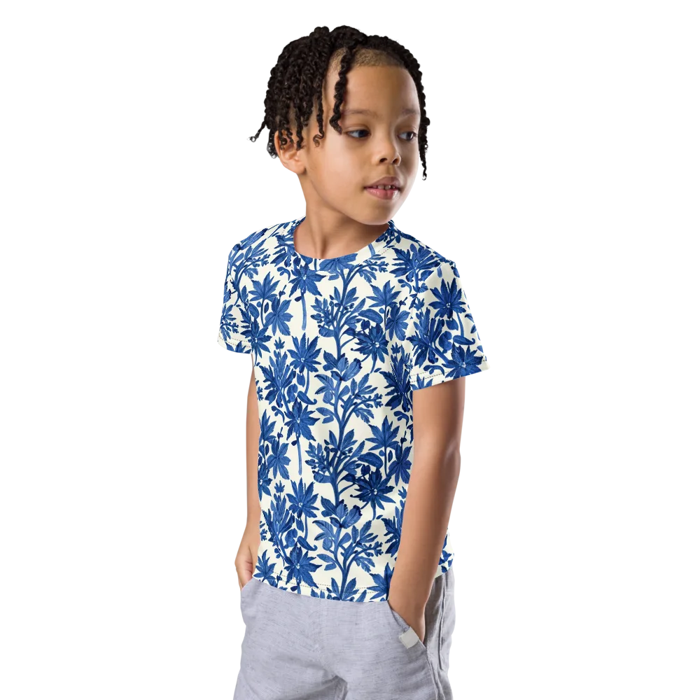 Blue Botanical on Kids Crew Neck T-Shirt — Left Front