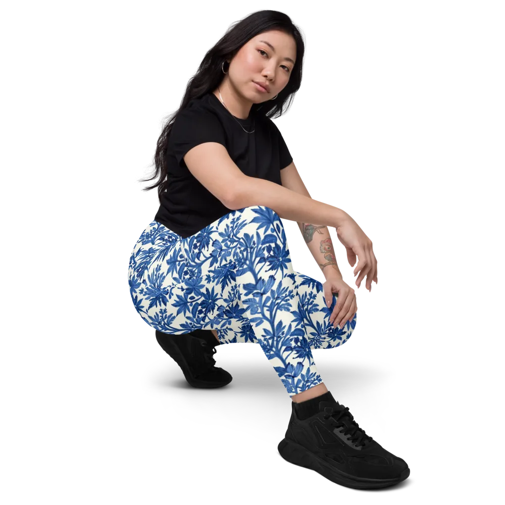 Blue Botanical on Leggings with Pockets — Right Front
