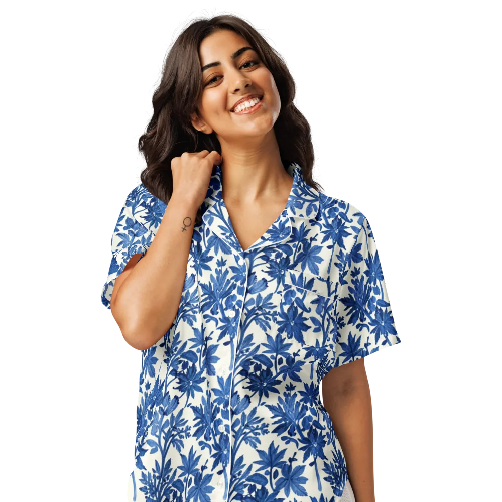 Blue Botanical on Women's Short Sleeve Pajama Top — Front