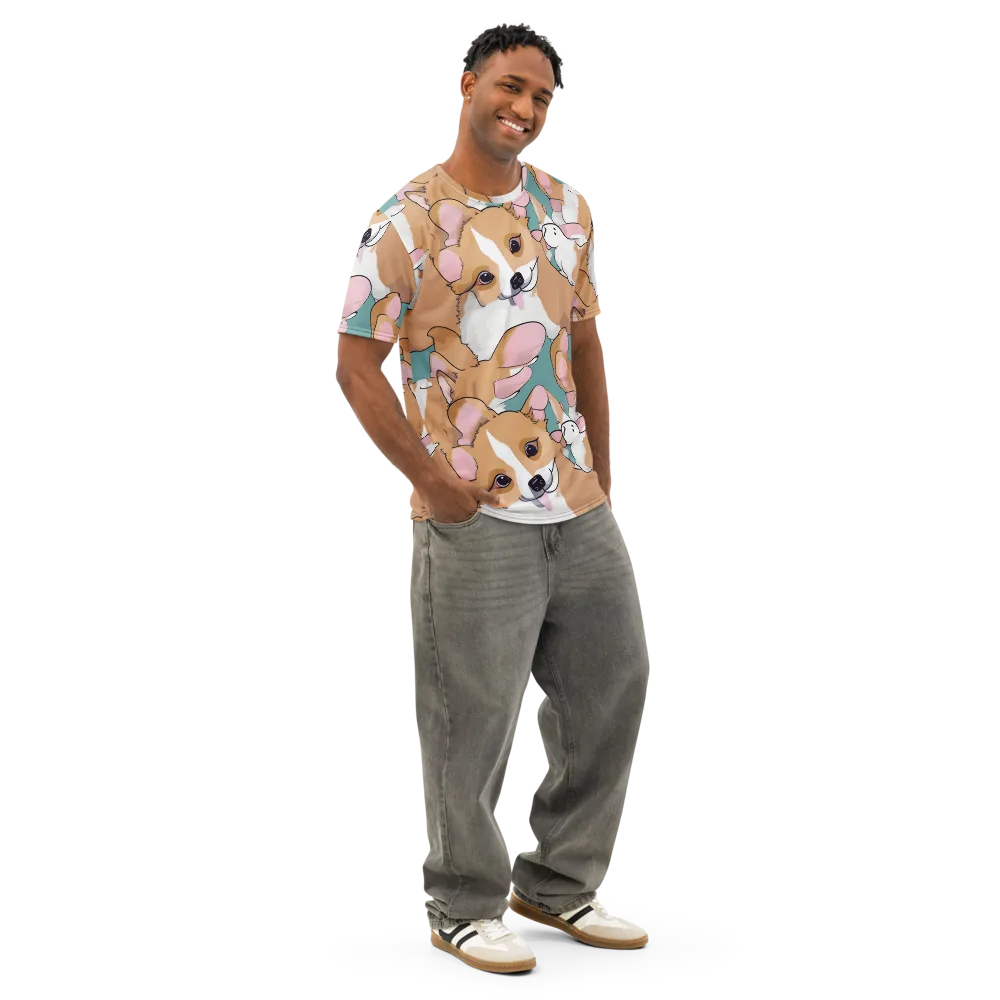 Corgi Carousel on Men's Cotton Crew Neck T-Shirt — Right Front