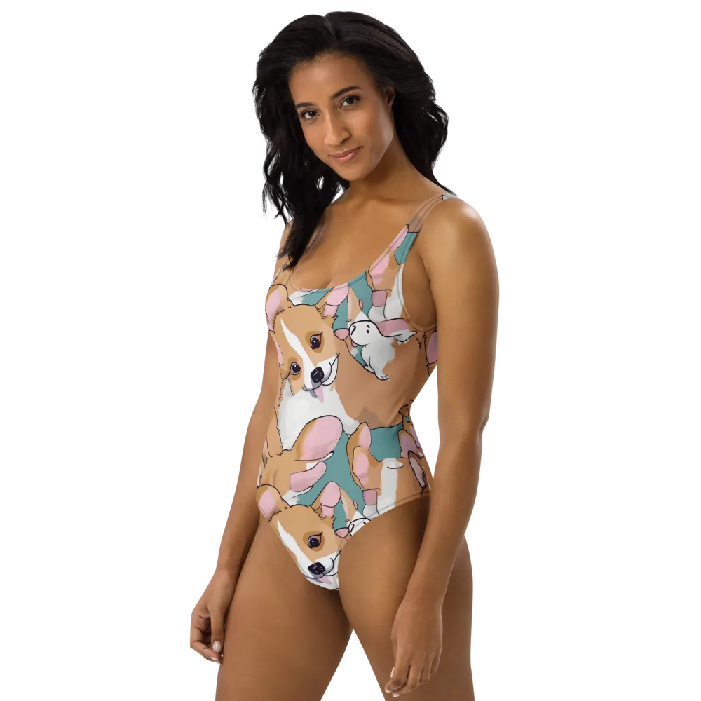 Corgi Carousel on One-Piece Swimsuit — Left