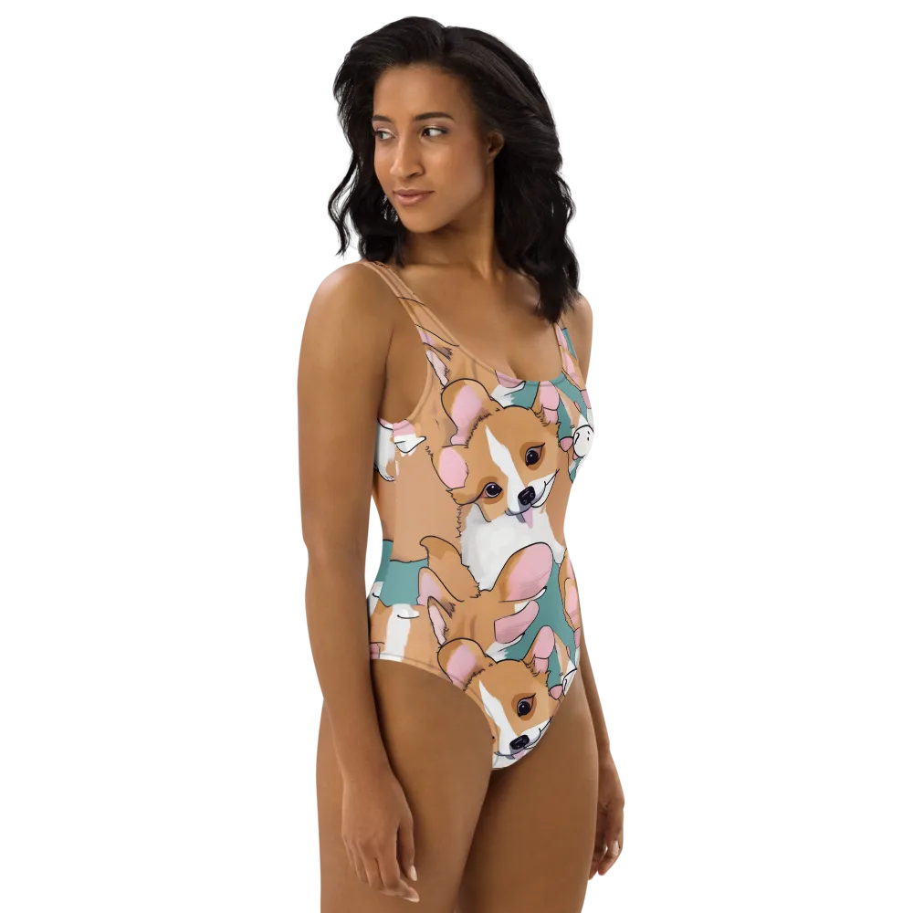 Corgi Carousel on One-Piece Swimsuit — Right