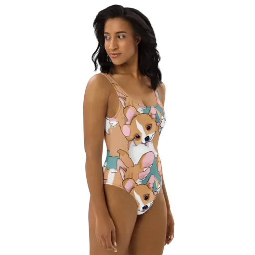 Corgi Carousel on a One-Piece Swimsuit