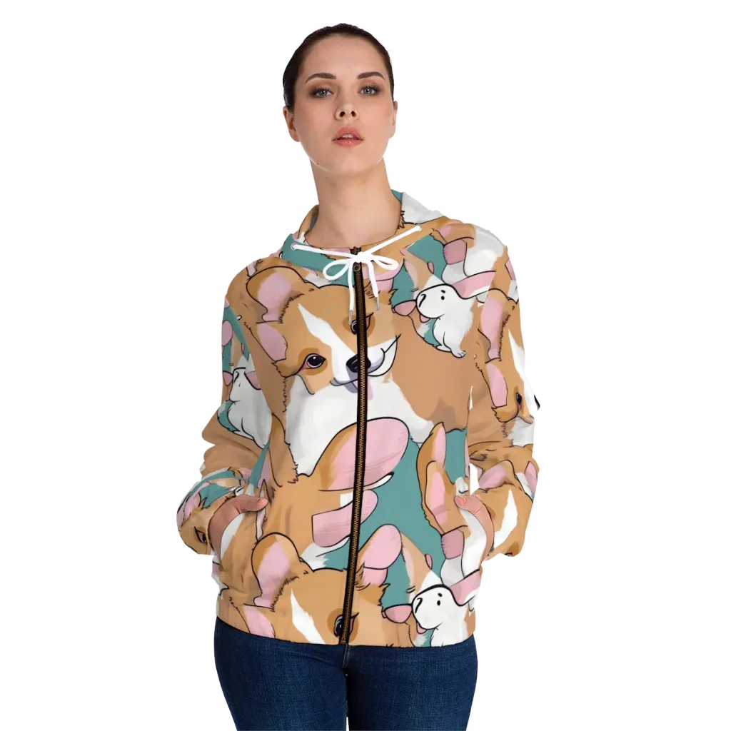 Corgi Carousel on Women's Full-Zip Hoodie — Front On Person