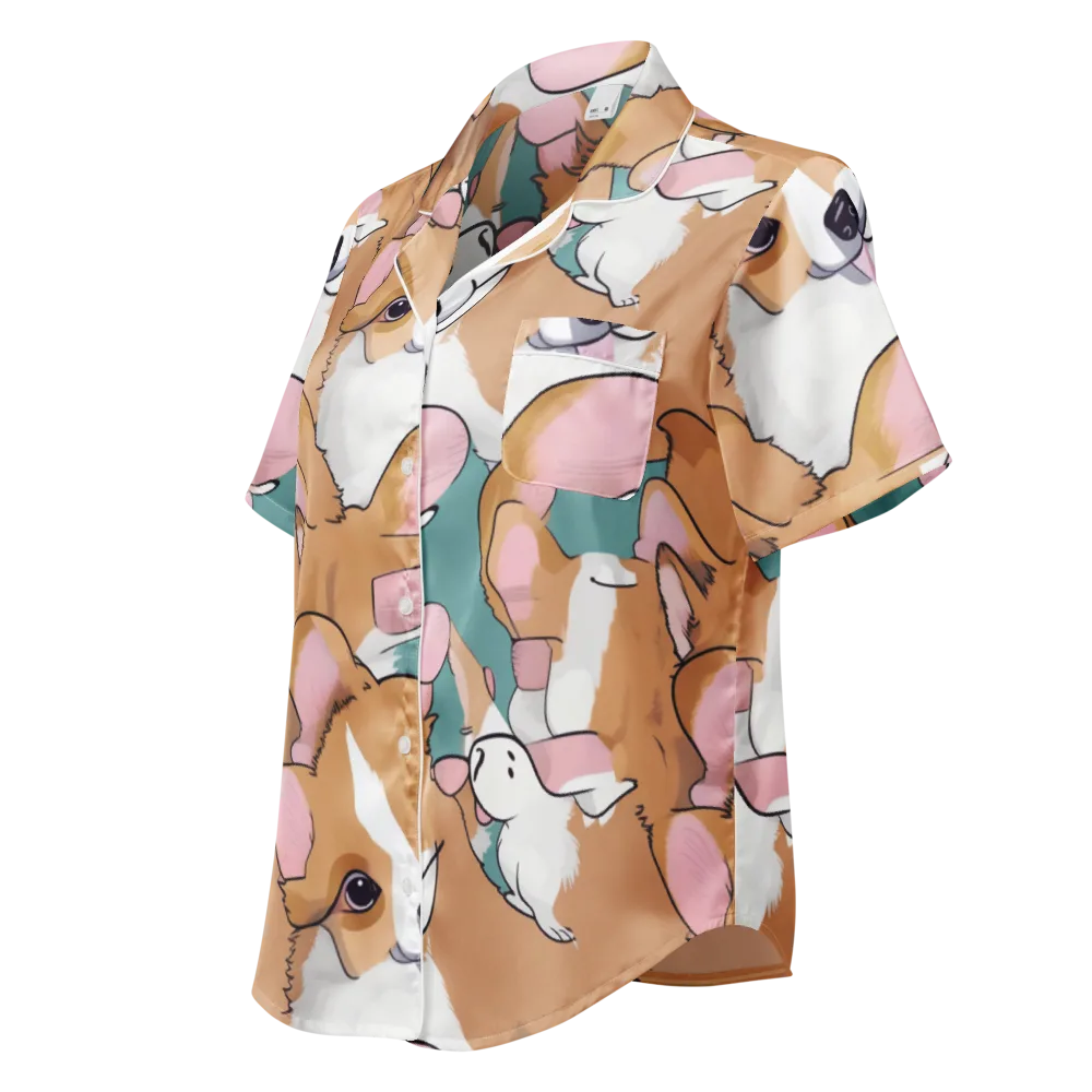 Corgi Carousel on Women's Short Sleeve Pajama Top — Left Front
