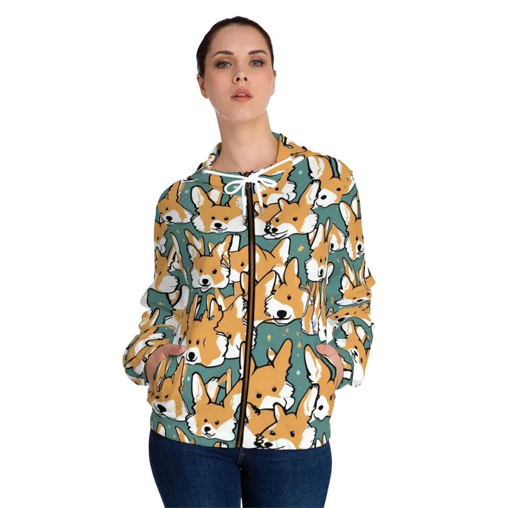 Corgi Constellation on Women's Full-Zip Hoodie — Front On Person
