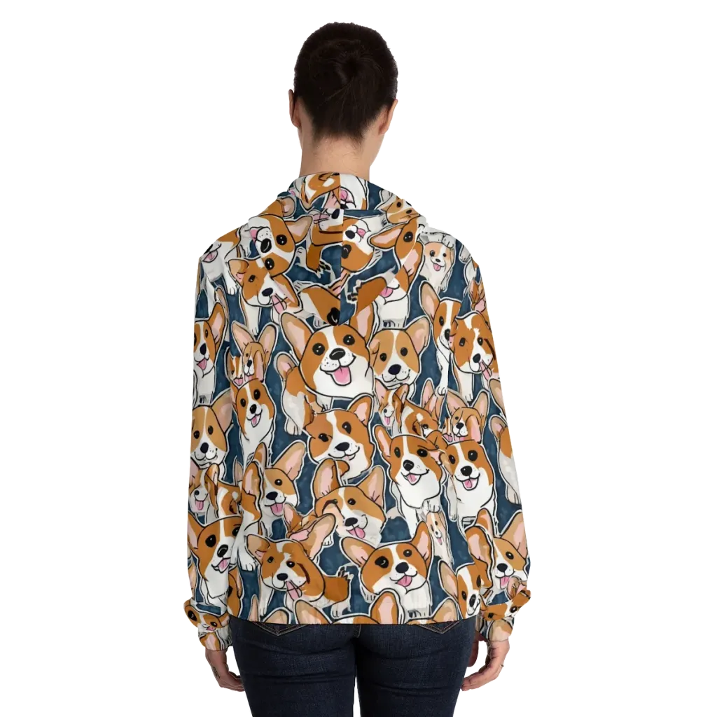 Corgi Commotion on Women's Full-Zip Hoodie — Back On Person