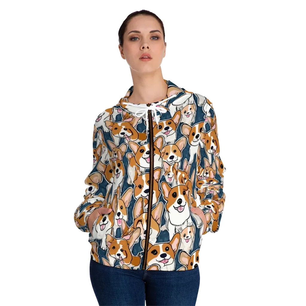 Corgi Commotion on Women's Full-Zip Hoodie — Front On Person