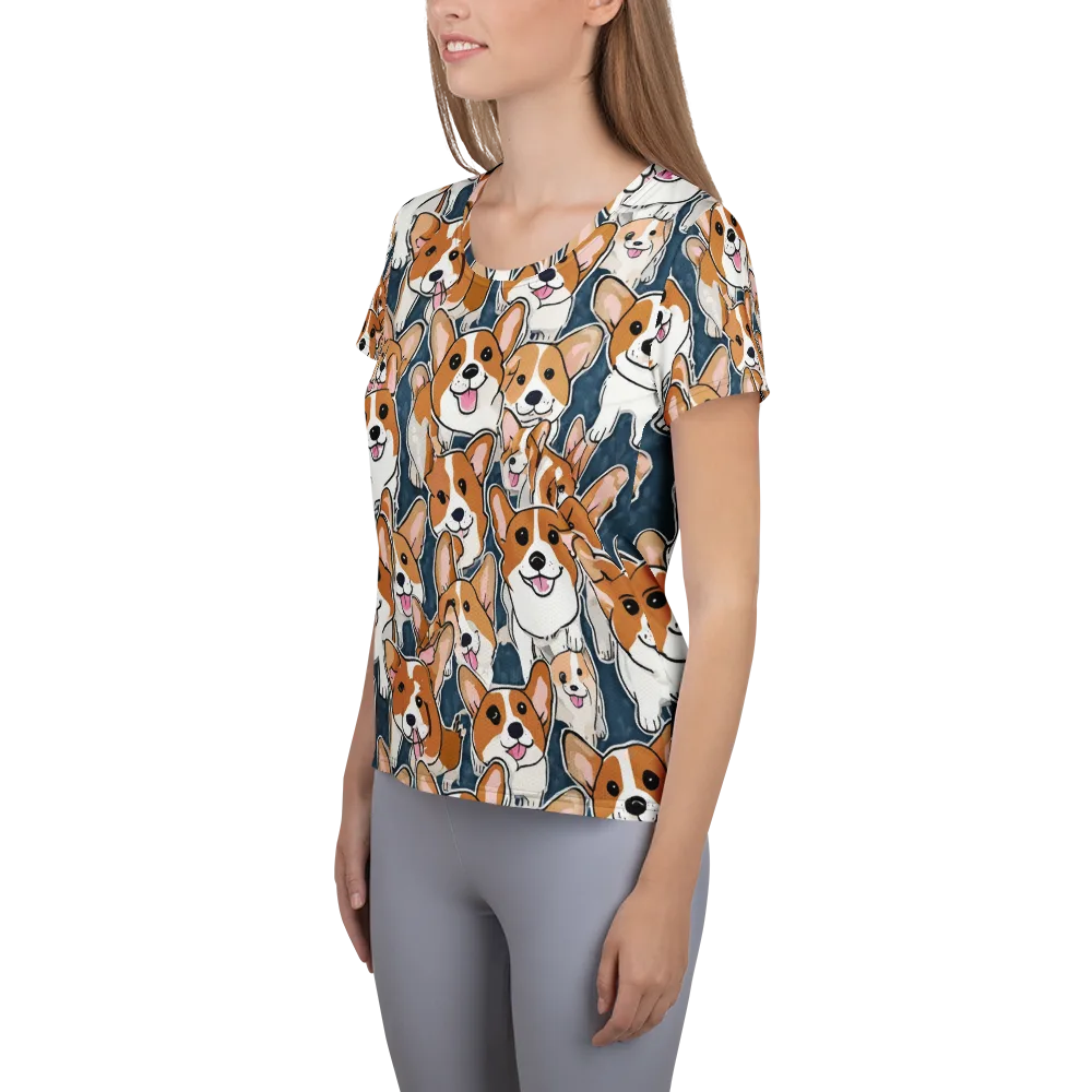Corgi Commotion on Women's Athletic T-Shirt — Left