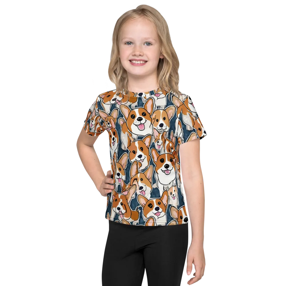 Corgi Commotion on Kids Crew Neck T-Shirt — Front