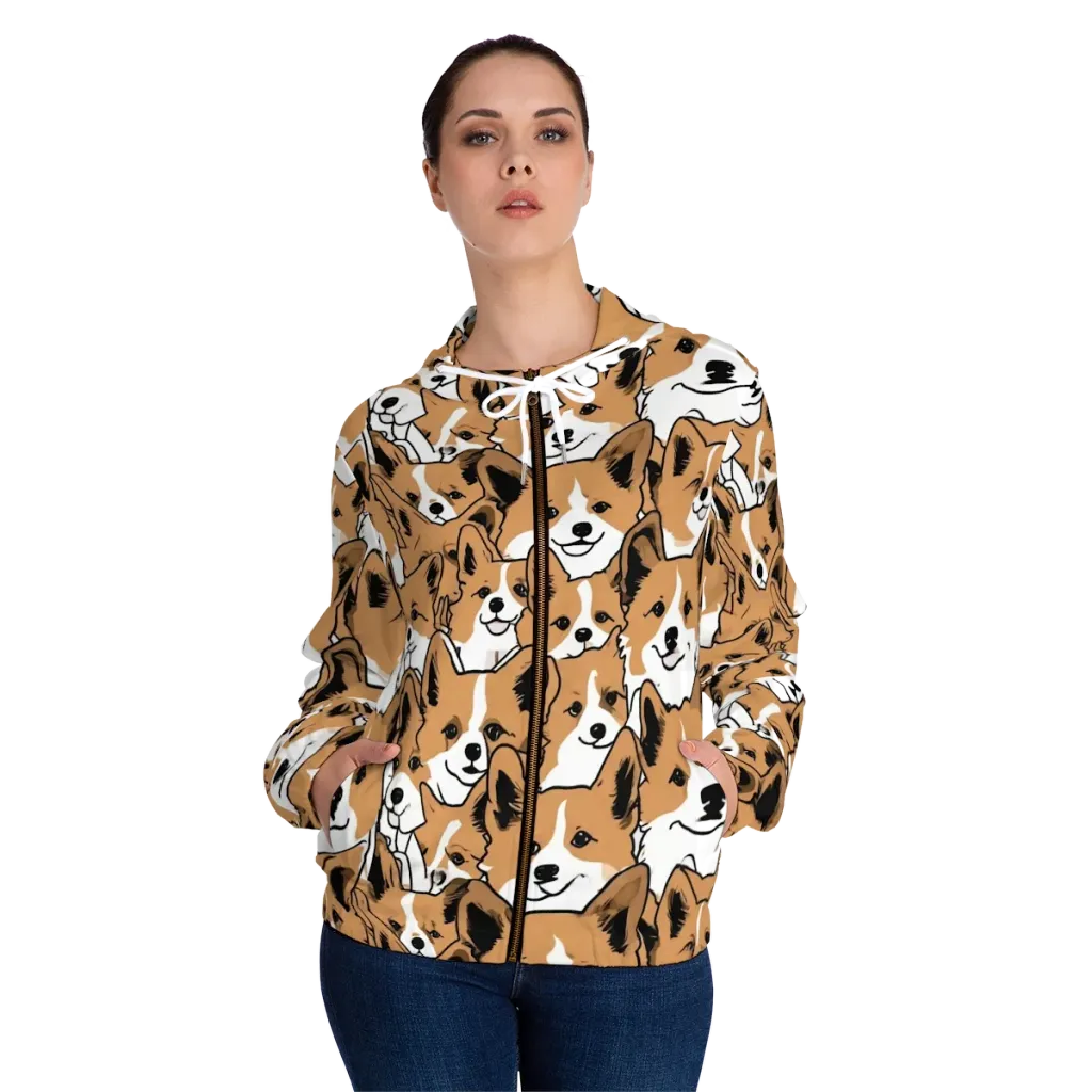 Corgi Crowd on Women's Full-Zip Hoodie — Front On Person