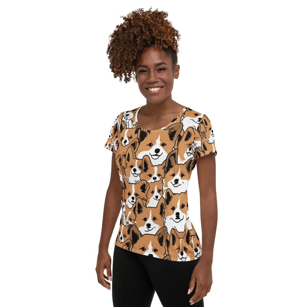 Corgi Crowd on Women's Athletic T-Shirt — Left