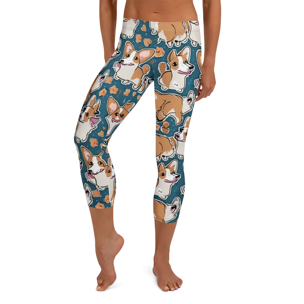 Corgi Confetti on Capri Leggings — Front